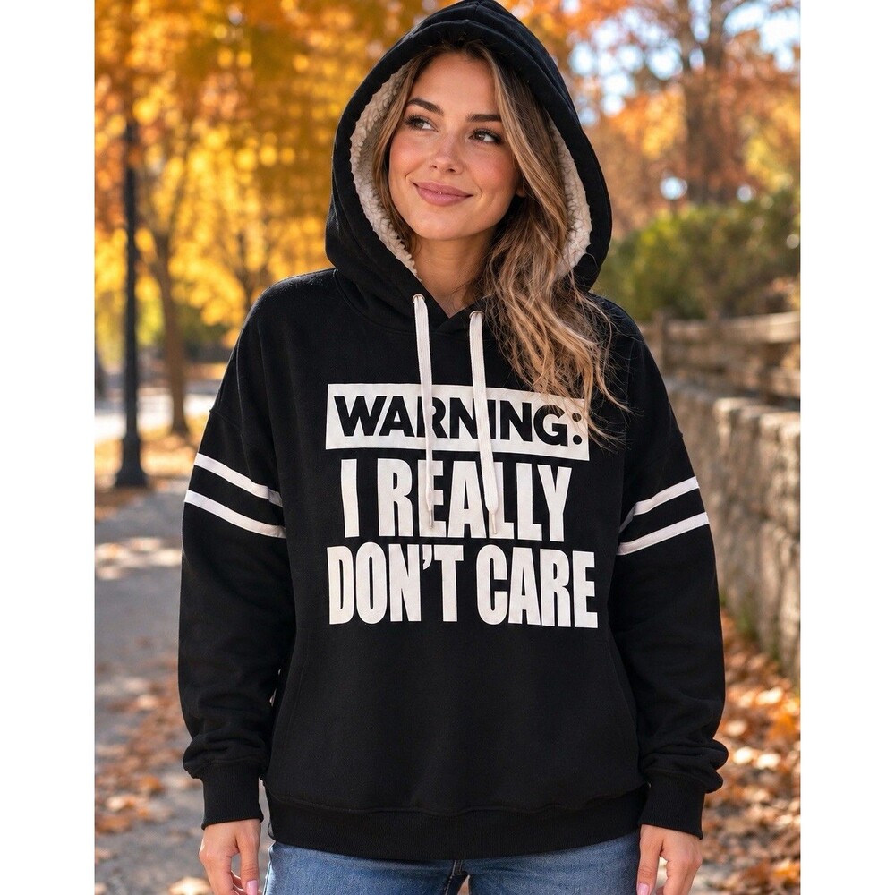 Bobbie Brooks 1X Warning I Really Don’t Care Sherpa Hoodie Black Plus Size Plush
